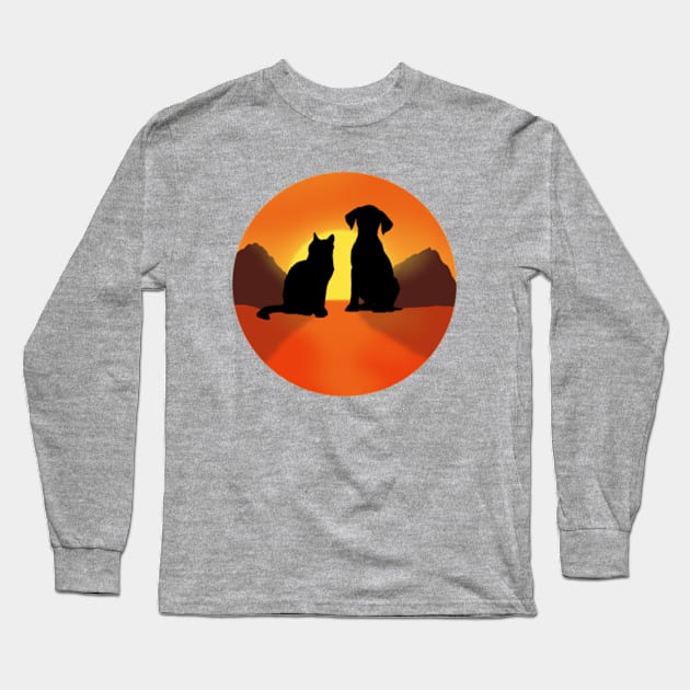 snset with cat and dog ,cats lover,dogs lover,catshirt,dogshirt,cute cat,cute dog,cats,dogs Long Sleeve T-Shirt by arlene